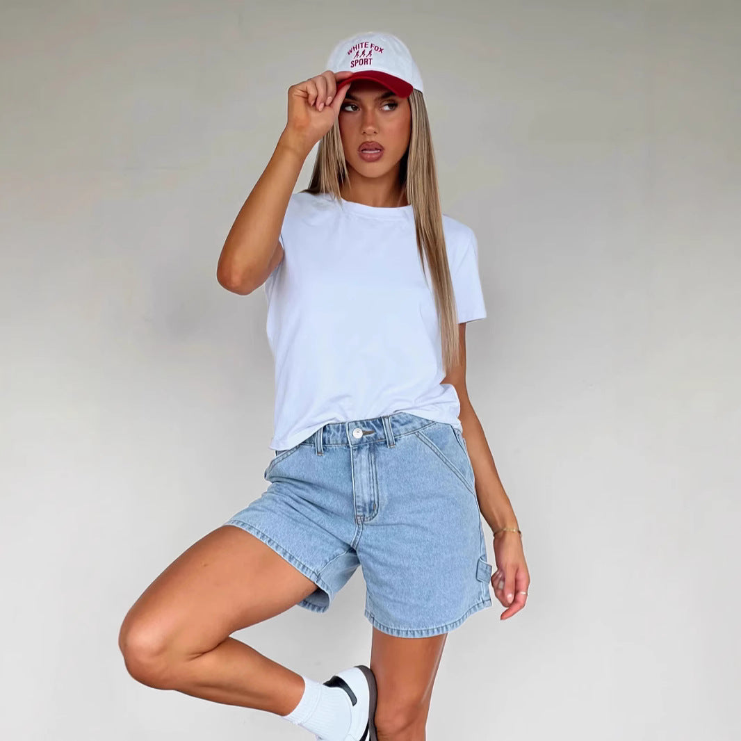 Short en jean femme – Coupe décontractée – Taille mi-haute – 5 poches – Longueur mi-cuisse
