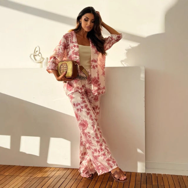Ensemble Femme Deux Pièces – Kimono Fluide et Pantalon Large – Tissu Léger Fleuri