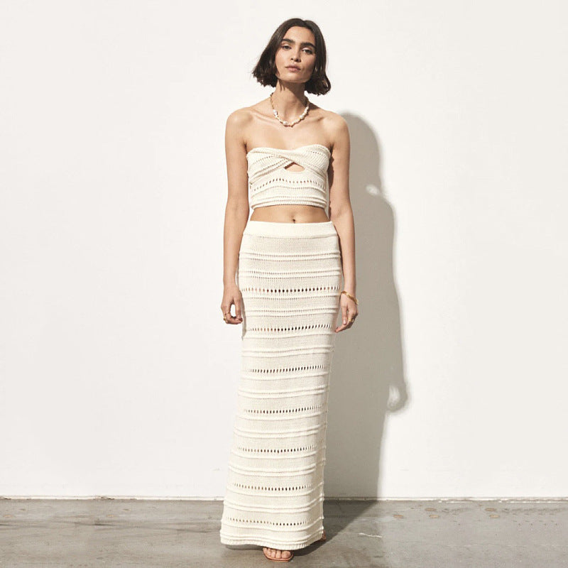 Ensemble Deux Pièces Femme – Crochet Respirant – Coupe Slim – Top Bandeau et Jupe Midi