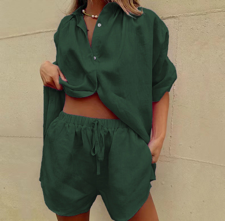 Ensemble Femme – Chemise Ample Boutonnée et Short Taille Haute à Cordon