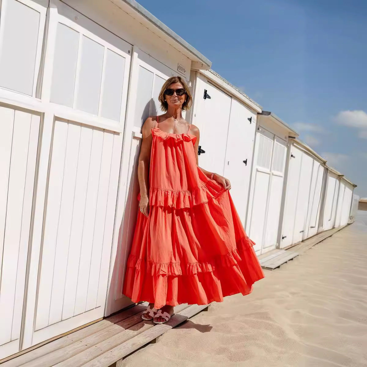 Robe longue femme – Coupe fluide – Bretelles fines – Volants