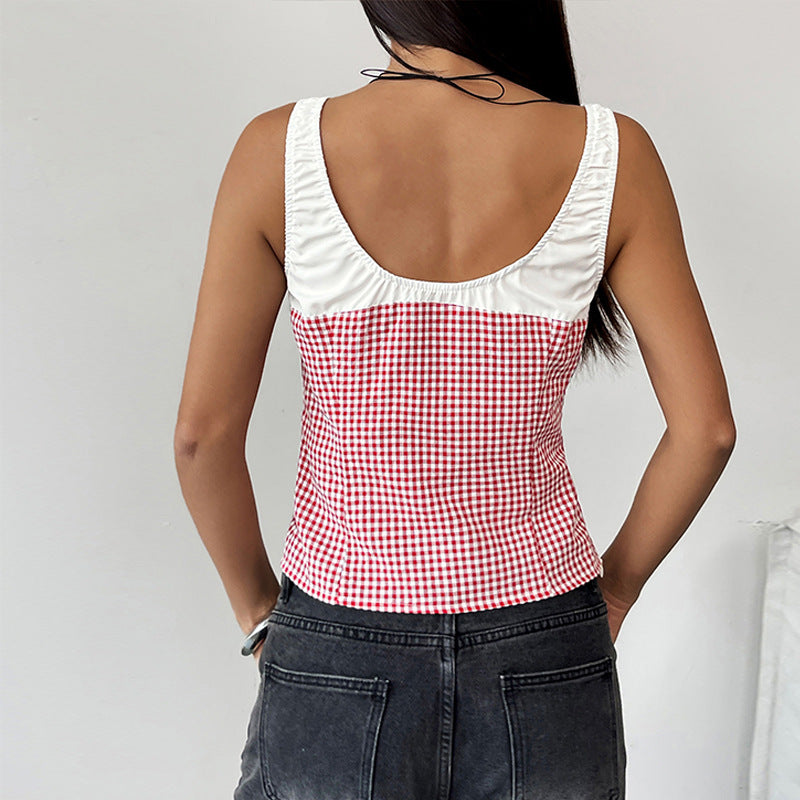 Débardeur femme – Coupe cintrée – Motif vichy – Col rond – Cordon ajustable – Court
