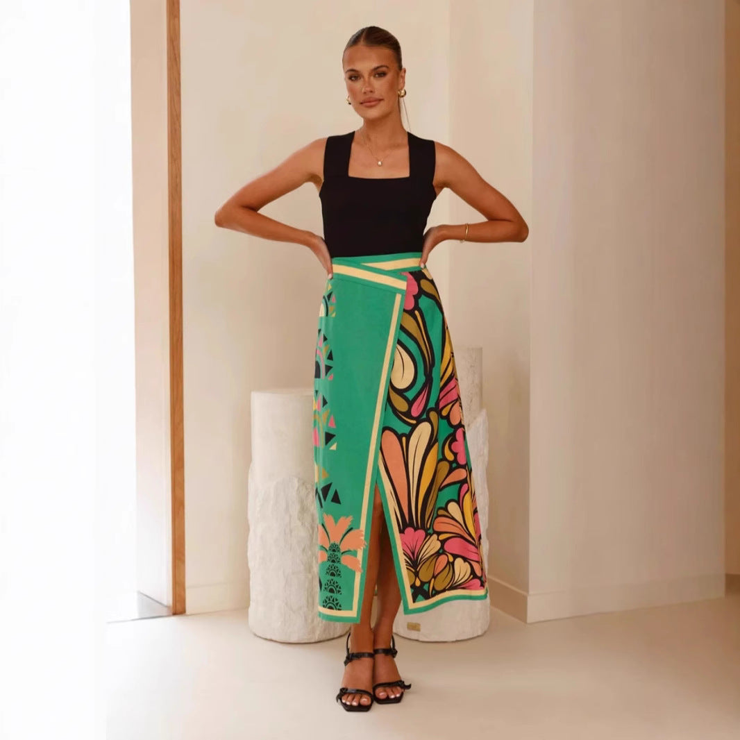 Jupe Midi Femme – Coupe Slim – Taille Haute – Fente Frontale – Imprimé Abstrait