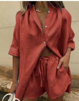 Ensemble Femme – Chemise Ample Boutonnée et Short Taille Haute à Cordon