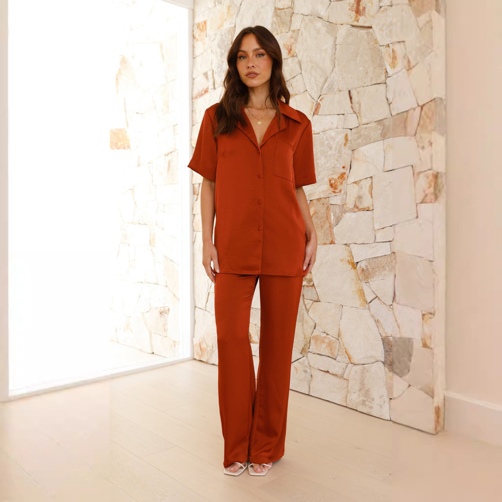 Pyjama femme – Satin doux – Coupe ample – Chemise manches courtes – Pantalon long