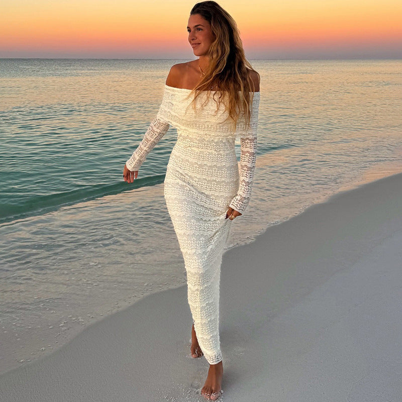 Robe longue femme – Coupe ajustée – Épaules dénudées – Dentelle légère élégante