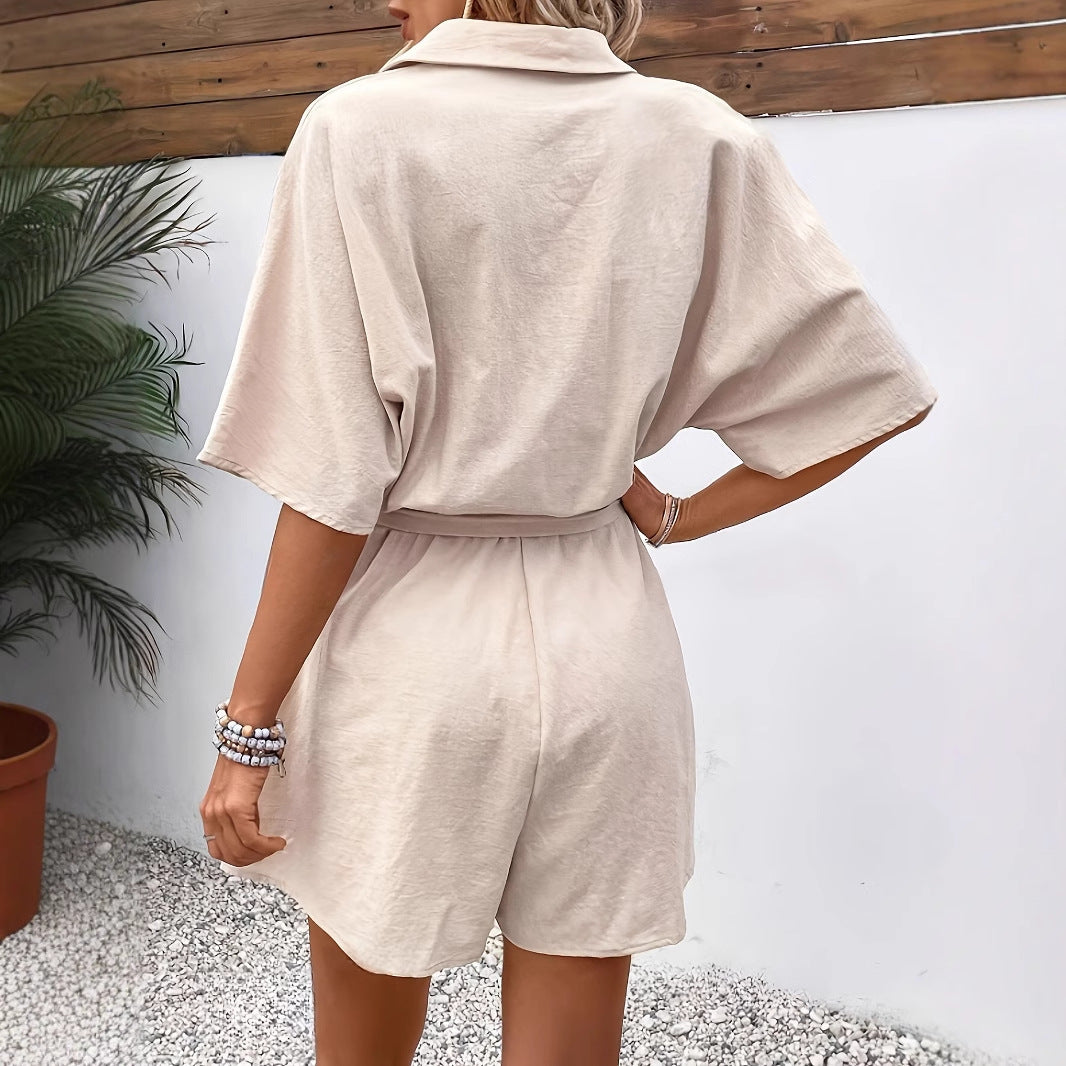 Combinaison courte femme – Manches courtes – Taille ceinturée – Tissu léger respirant