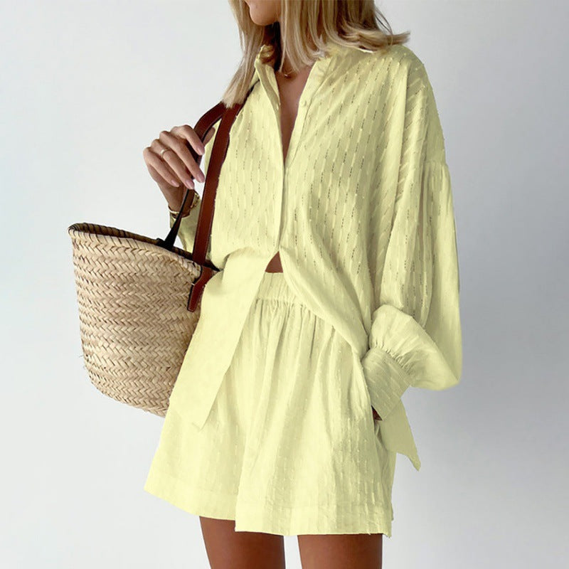 Ensemble Femme Blouse et Short – Jacquard Léger – Coupe Ample – Manches Bouffantes