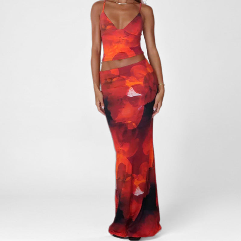 Ensemble Femme Gilet et Jupe Longue – Coupe Ajustée – Décolleté Plongeant – Bretelles Fines
