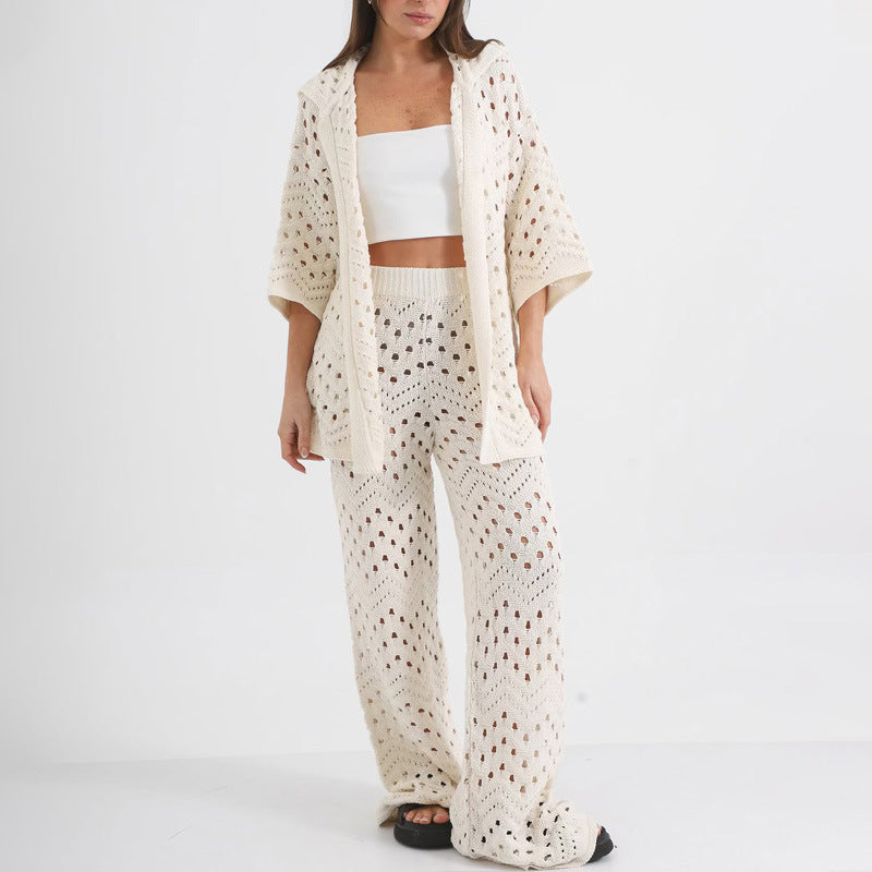 Ensemble Femme Deux Pièces Maille – Haut Manches Courtes Ouvert – Pantalon Taille Haute Ample