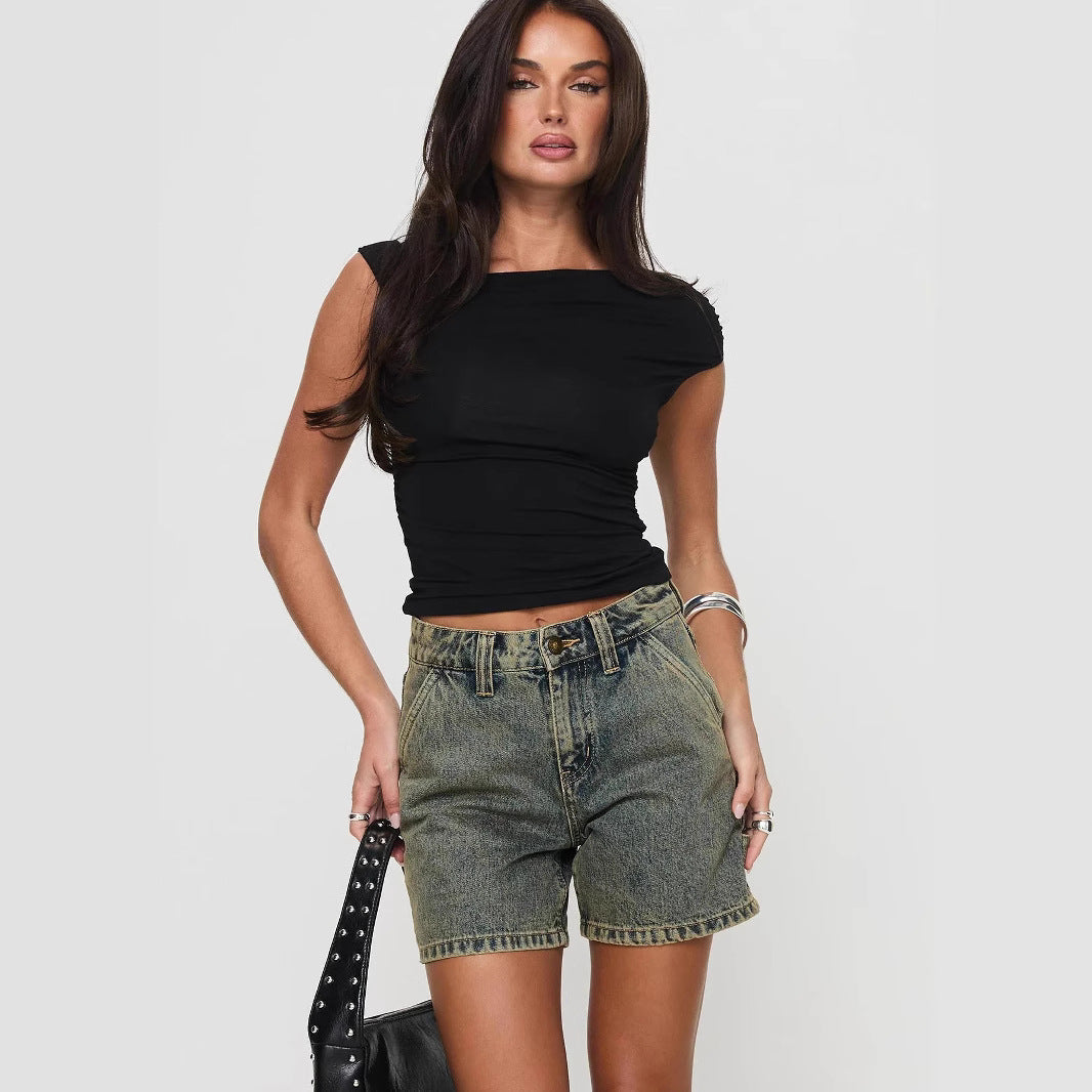 Short en jean femme – Coupe décontractée – Taille mi-haute – 5 poches – Longueur mi-cuisse