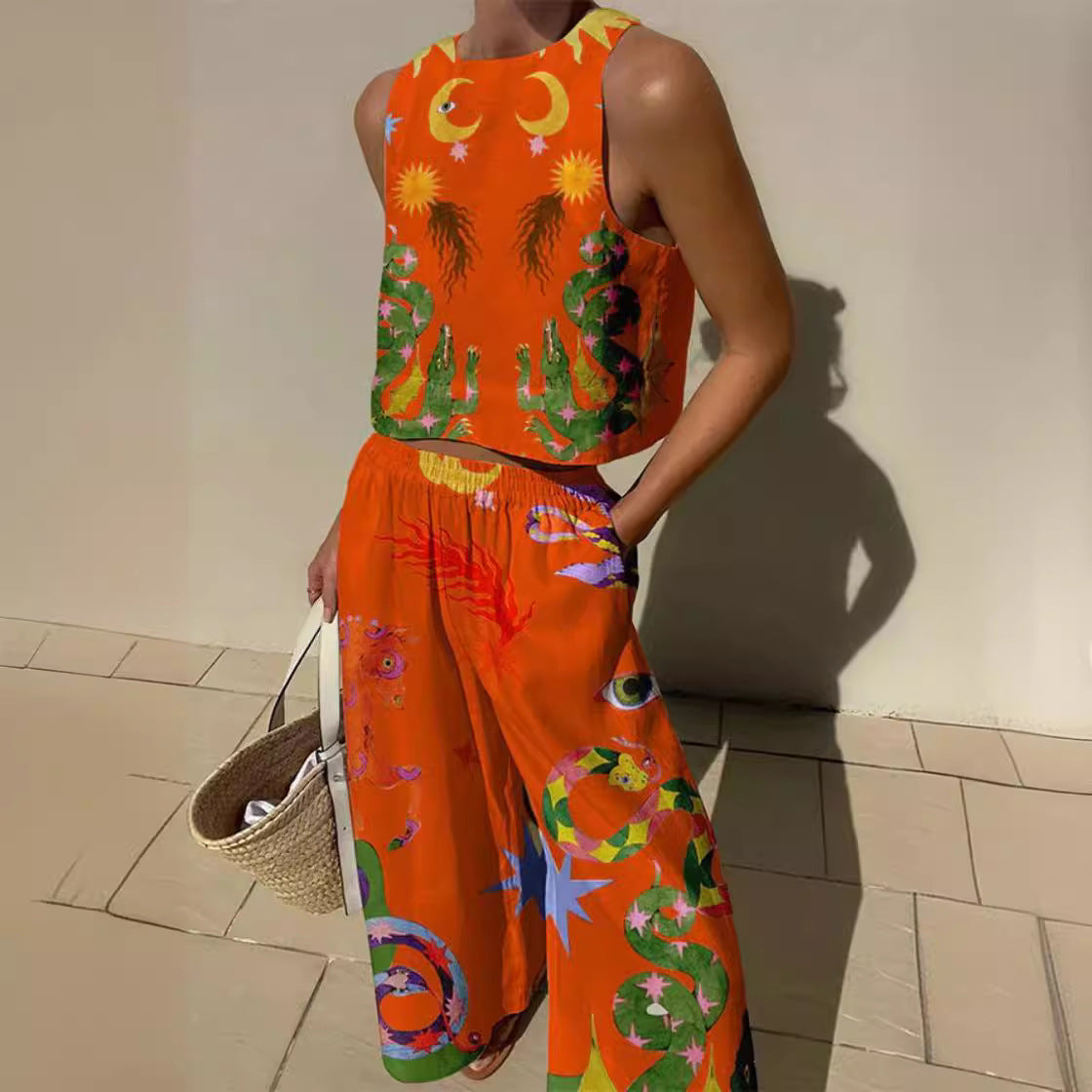 Top court sans manches femme – Coton léger – Coupe décontractée – Motifs artistiques