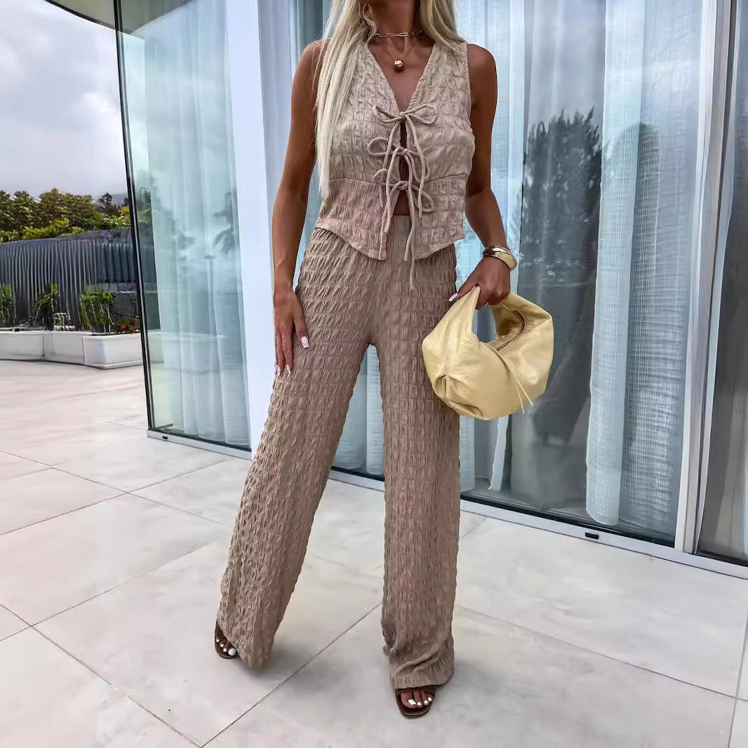 Ensemble Femme Débardeur et Pantalon – Tissu Froissé – Coupe Ample – Taille Élastique