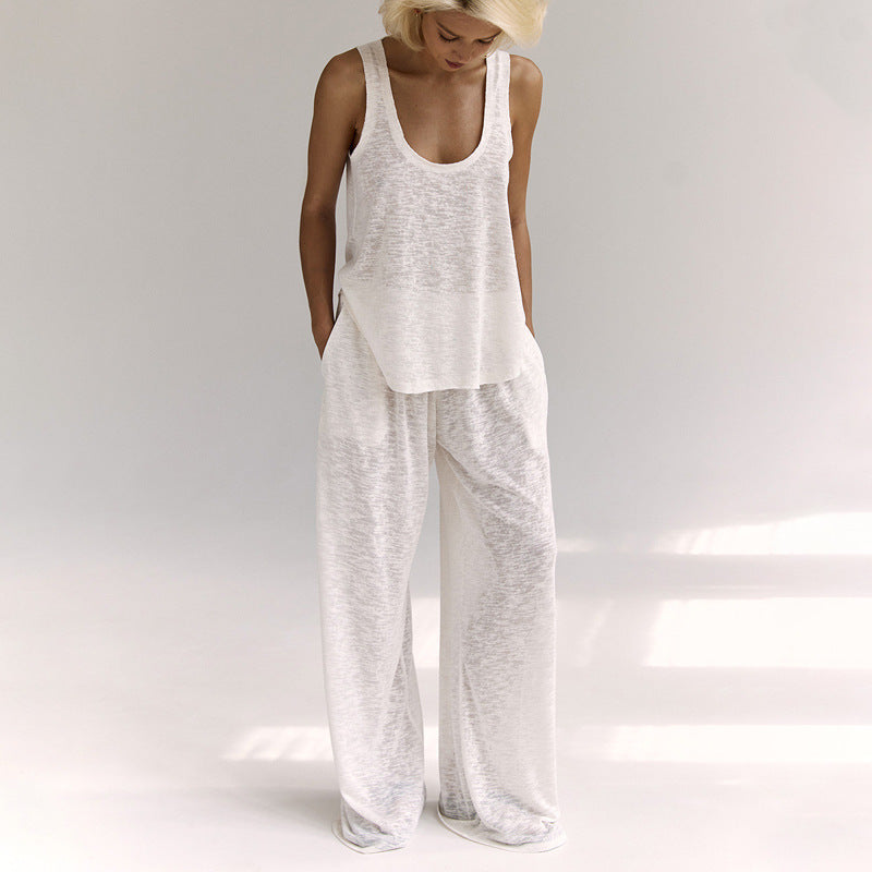 Ensemble femme détente – Haut sans manches noué – Pantalon large taille élastique