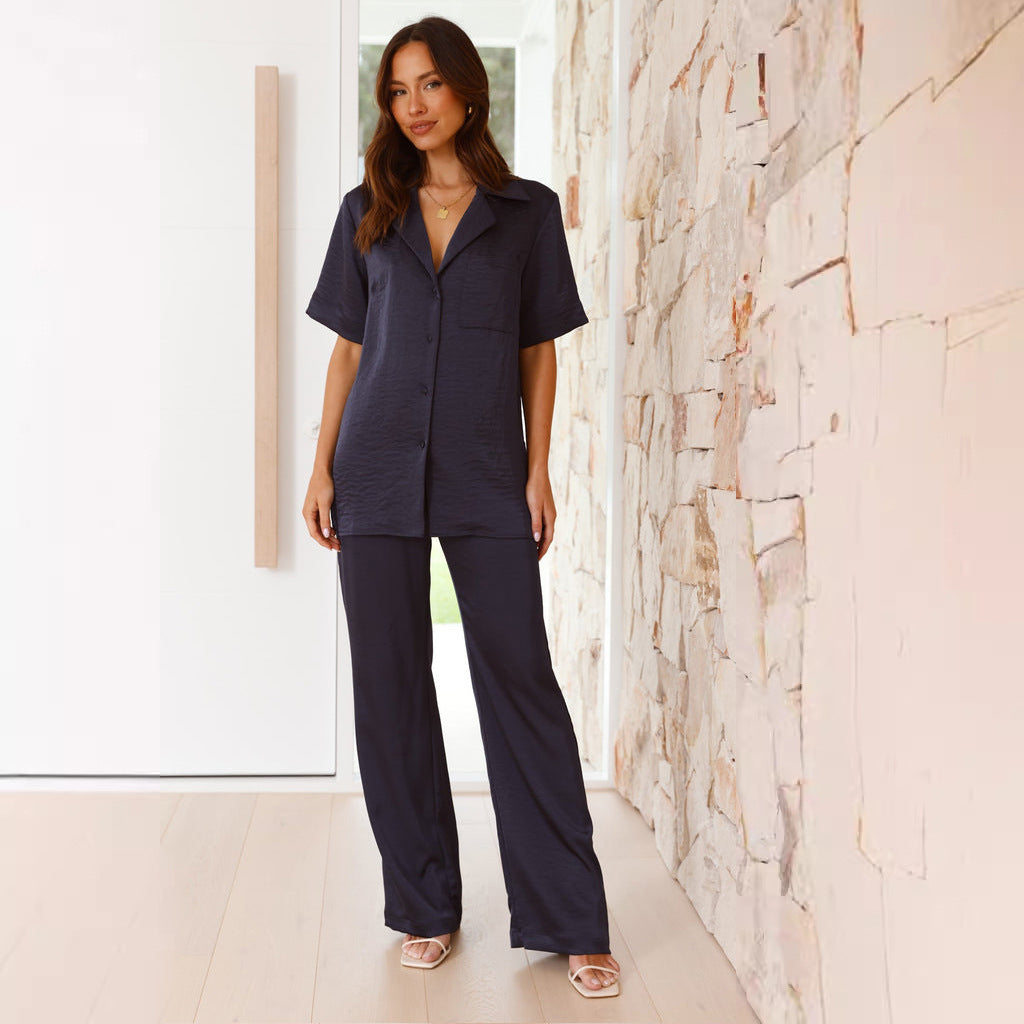 Pyjama femme – Satin doux – Coupe ample – Chemise manches courtes – Pantalon long