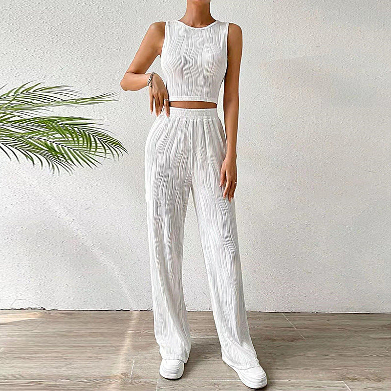 Ensemble femme deux pièces – Haut court sans manches – Pantalon taille haute droit côtelé
