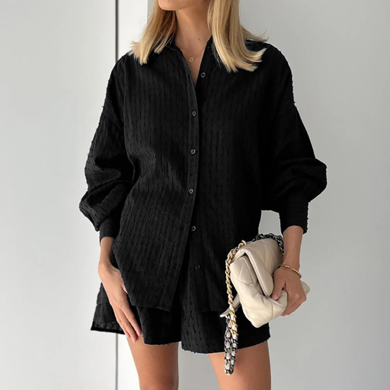 Ensemble Femme Blouse et Short – Jacquard Léger – Coupe Ample – Manches Bouffantes
