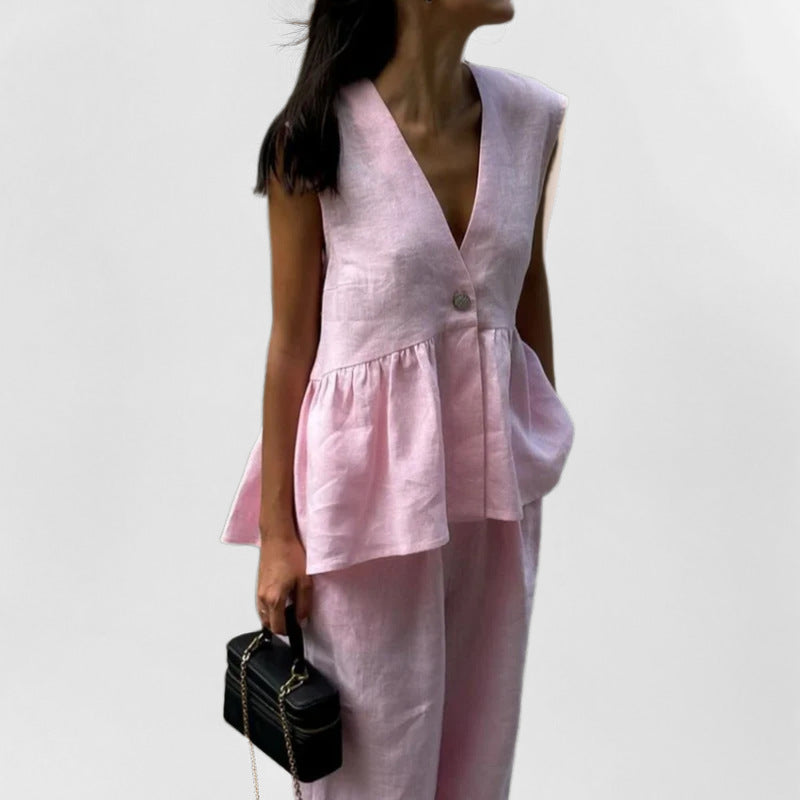 Ensemble Femme Gilet et Pantalon – Lin Léger – Taille Haute – Coupe Ample Évasée