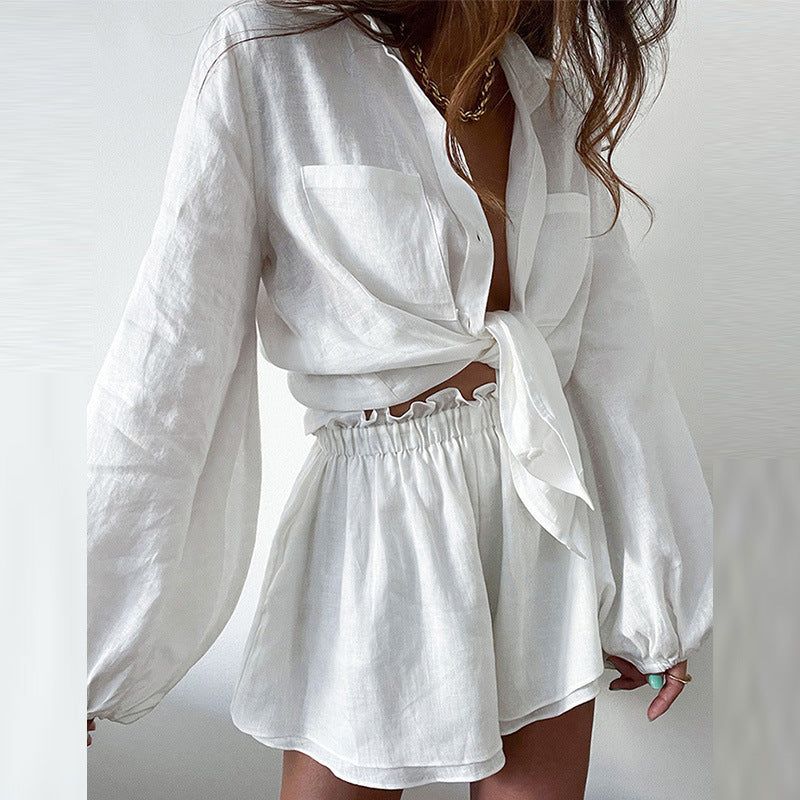 Ensemble deux pièces femme – Coton léger – Blouse nouée fluide & short taille élastique