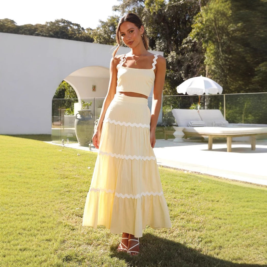 Ensemble Femme Deux Pièces – Top Court Asymétrique – Jupe Maxi Volantée Fluide