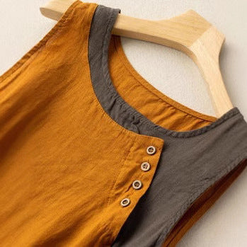 Top sans manches femme – Coton 100% – Coupe ample – Ourlet asymétrique – Bouton épaule
