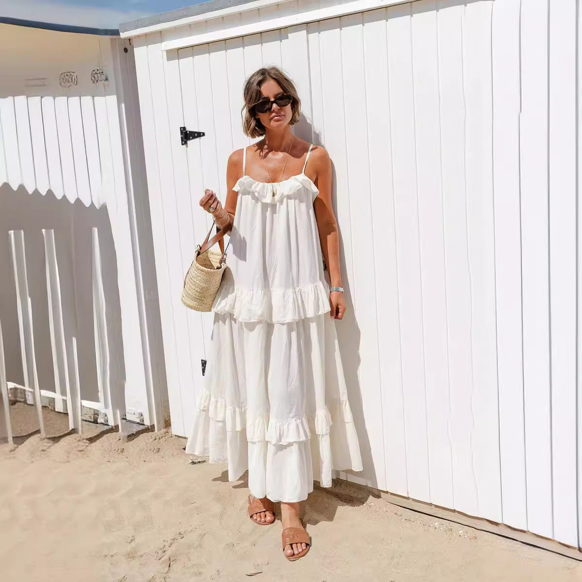 Robe longue femme – Coupe fluide – Bretelles fines – Volants