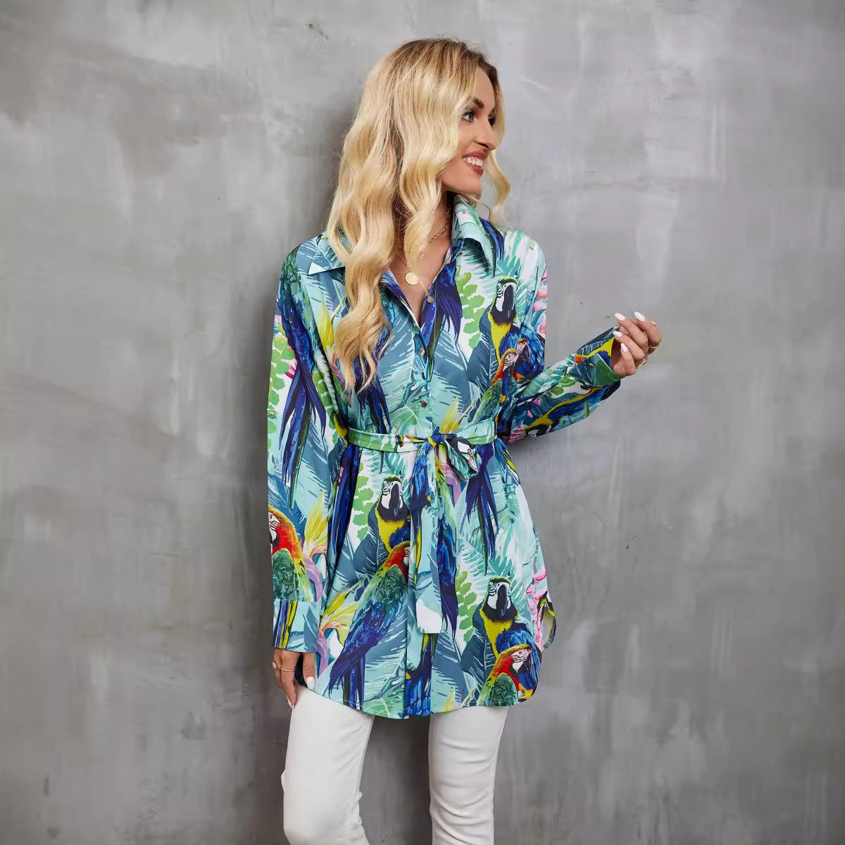 Chemise femme manches longues – Imprimé tropical – Coupe ample – Ceinture taille – Boutonnée