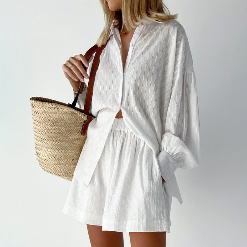 Ensemble Femme Blouse et Short – Jacquard Léger – Coupe Ample – Manches Bouffantes