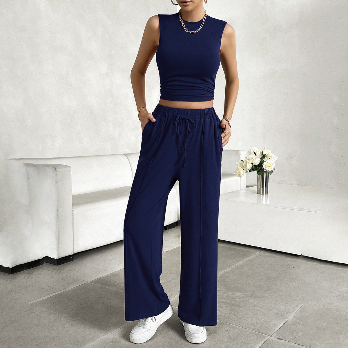 Ensemble Femme 2 Pièces – Crop Top Sans Manches – Pantalon Large Taille Haute