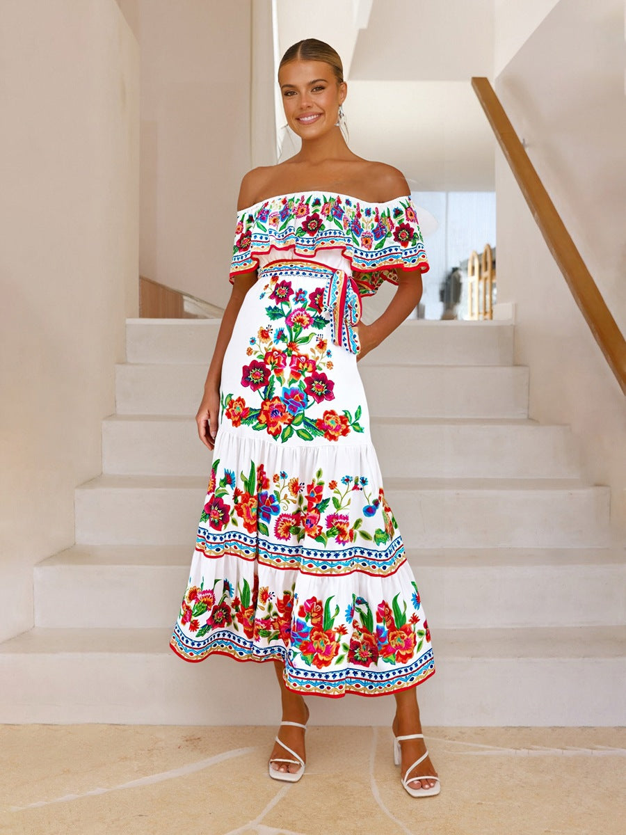 Robe maxi femme – épaules dénudées – imprimé fleuri – jupe à volants fluide