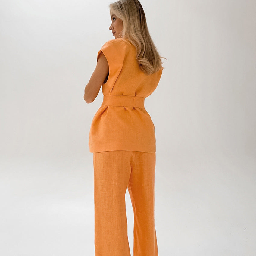 Ensemble Femme Top Sans Manches et Pantalon Large – Taille Ceinturée – Tissu Léger Respirable