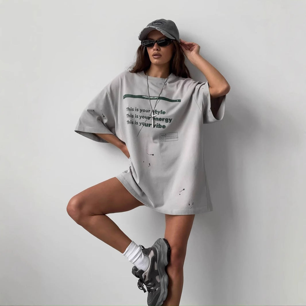 T-shirt femme oversize – Coton mélangé – Coupe large – Graphisme vintage usé