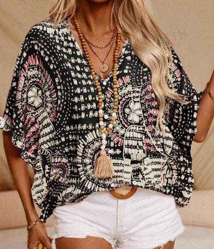 Top femme col V – Coupe ample – Manches chauve-souris