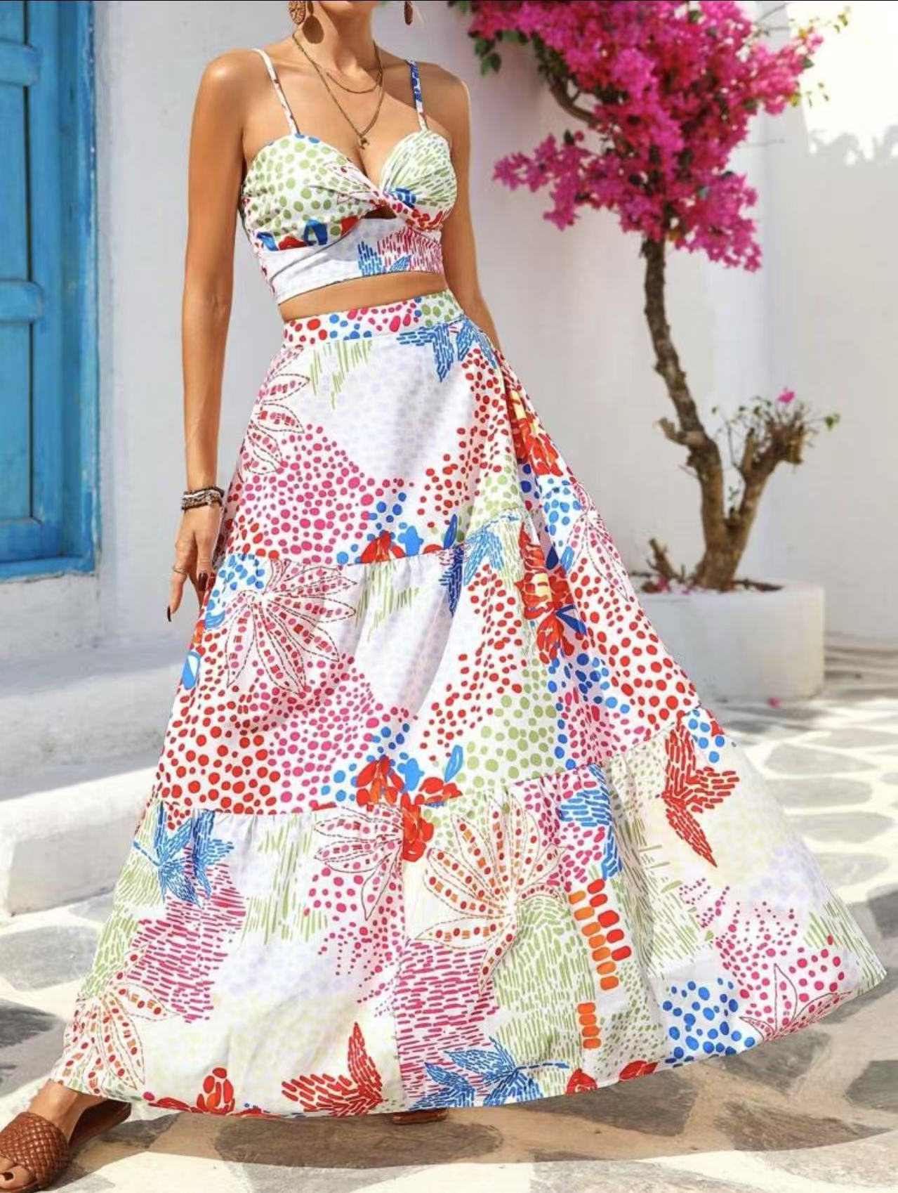 Jupe longue femme – Coupe évasée – Tissu léger – Imprimé floral à volants