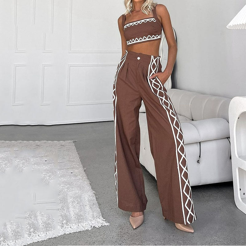Ensemble Femme Deux Pièces – Haut Asymétrique – Pantalon Taille Haute Large – Imprimé