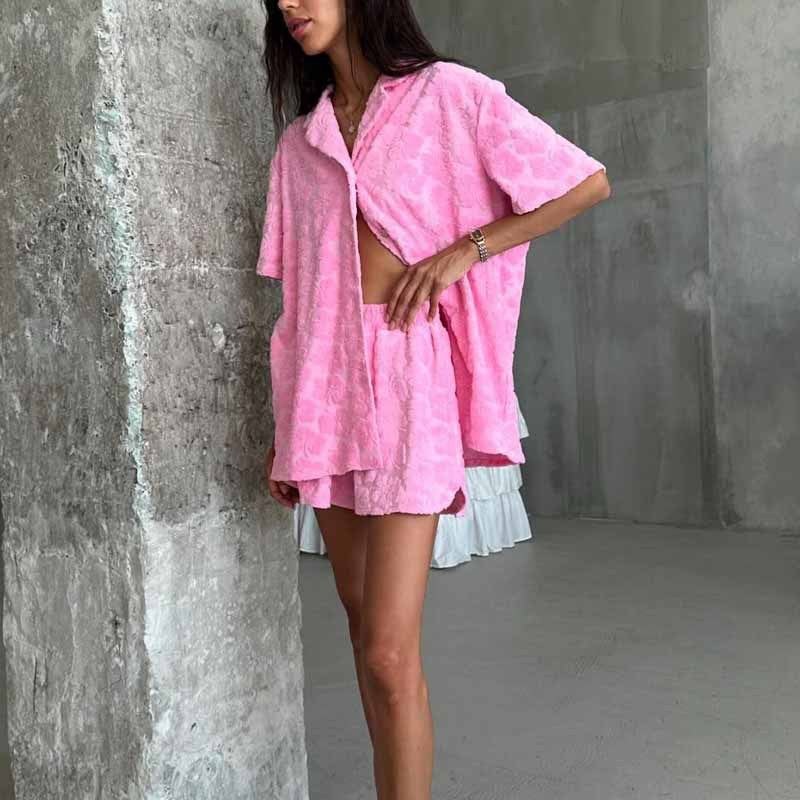 Pyjama Femme – Coupe Décontractée – Maille Jacquard – Chemise Boutonnée & Short Élastique