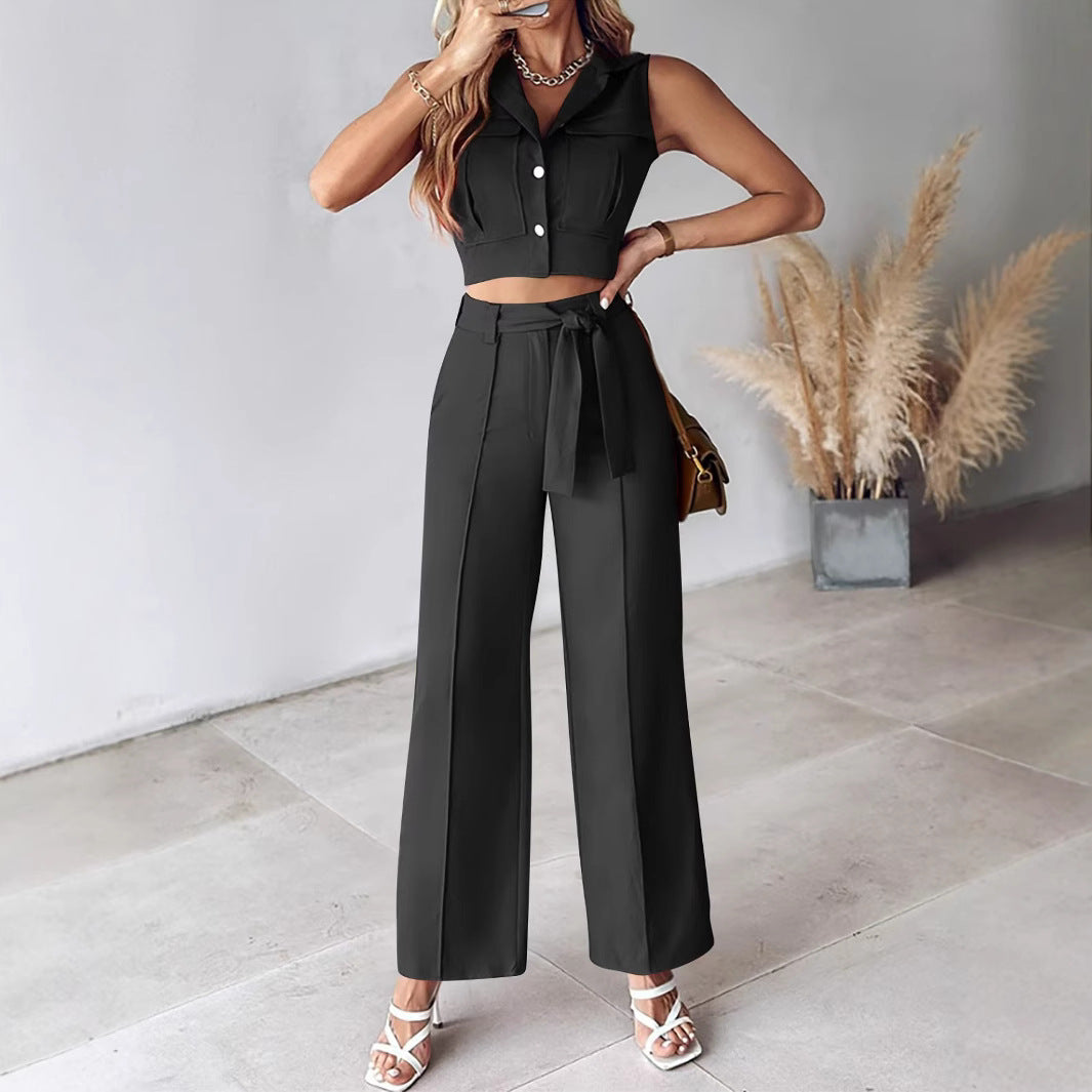 Ensemble pantalon femme – Crop top sans manches – Taille haute – Coupe large ceinturée