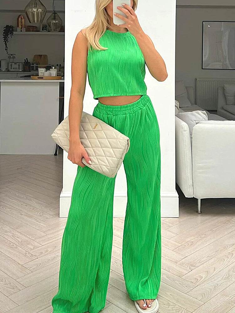 Ensemble femme deux pièces – Haut court sans manches – Pantalon taille haute droit côtelé
