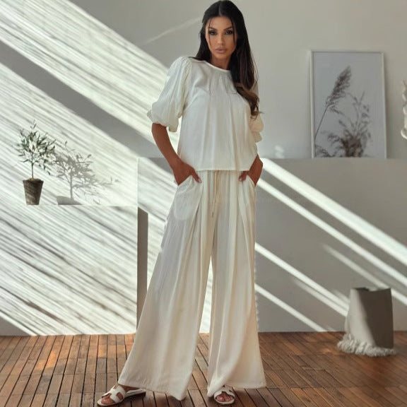 Ensemble Femme – T-shirt Ample Nœud Dos Manches Bouffantes – Pantalon Large Taille Élastique
