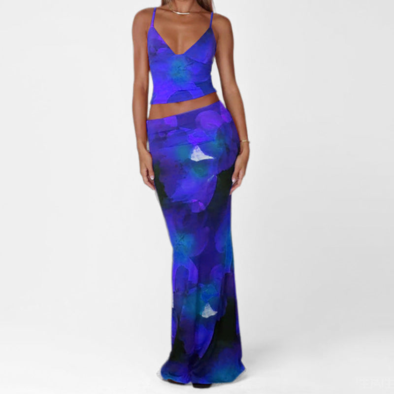 Ensemble Femme Gilet et Jupe Longue – Coupe Ajustée – Décolleté Plongeant – Bretelles Fines