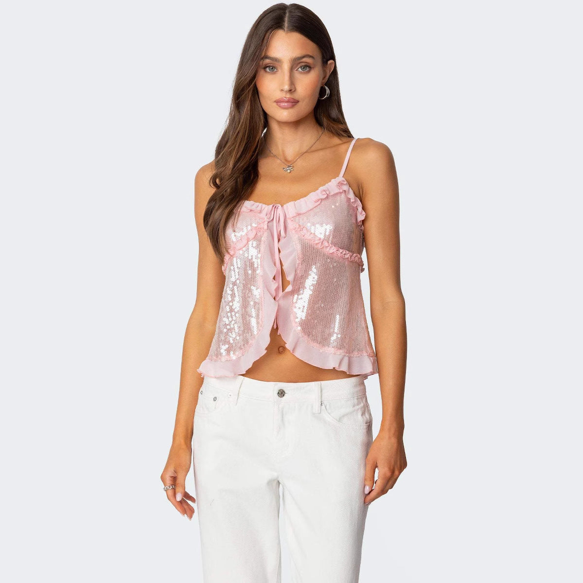 Top court femme – dos nu – coupe ajustée – sequins – volants – lien devant