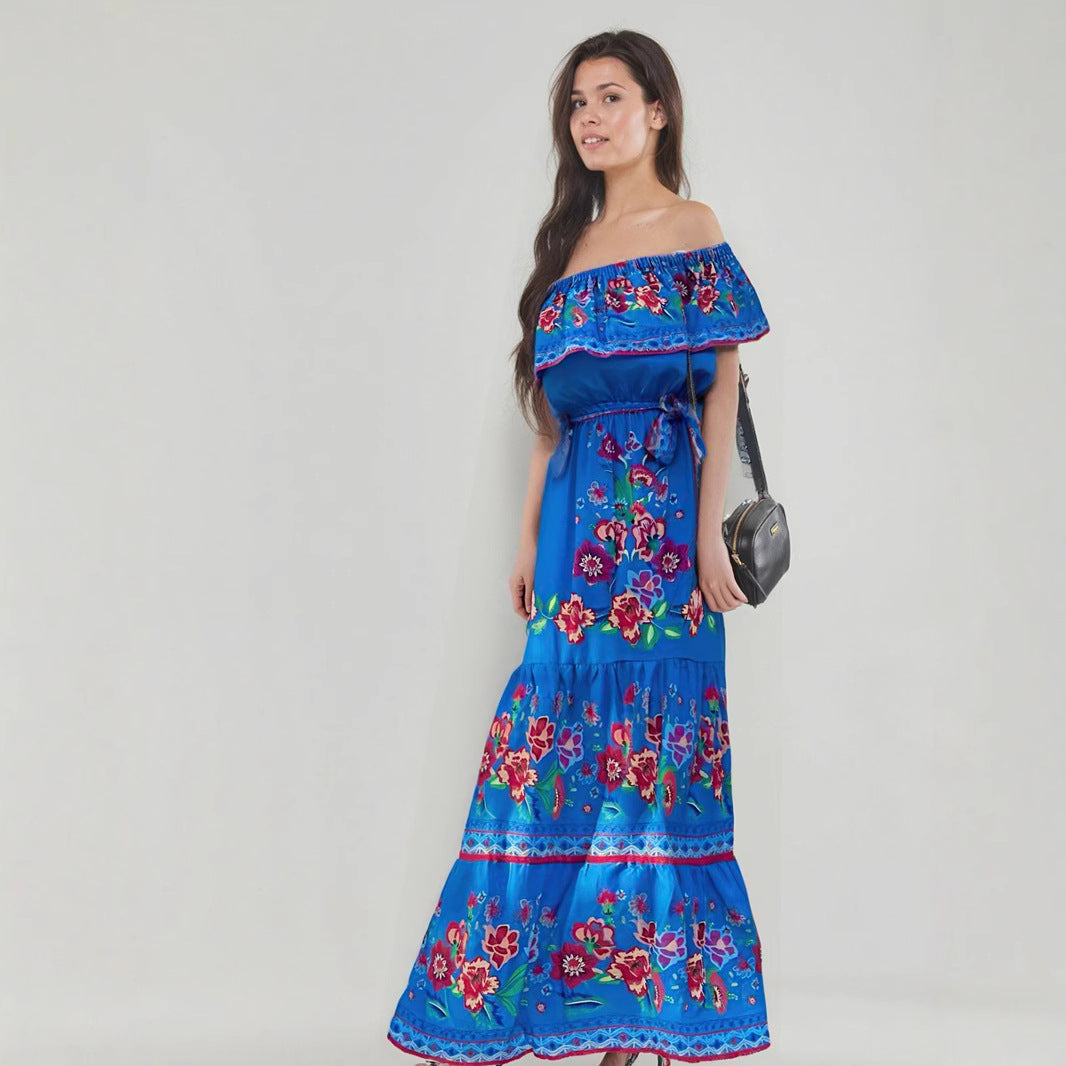 Robe maxi femme – épaules dénudées – imprimé fleuri – jupe à volants fluide