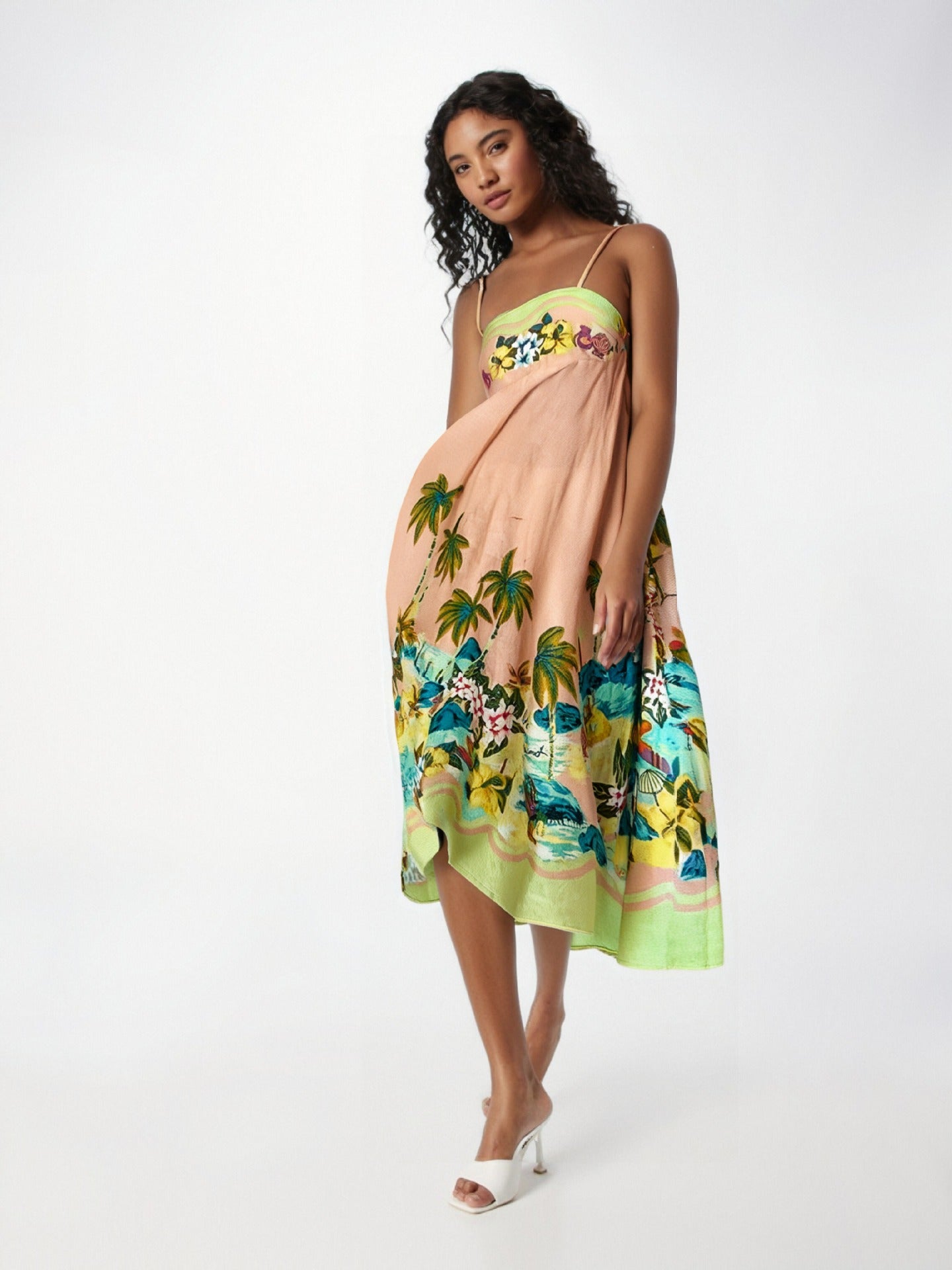 Robe longue femme – Sans manches – Imprimé artistique fluide – Tissu respirant