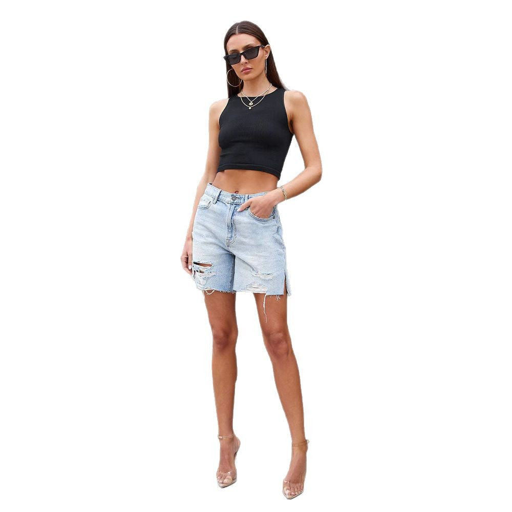 Short en jean femme – Coupe décontractée – Effet usé – Longueur genou fendue