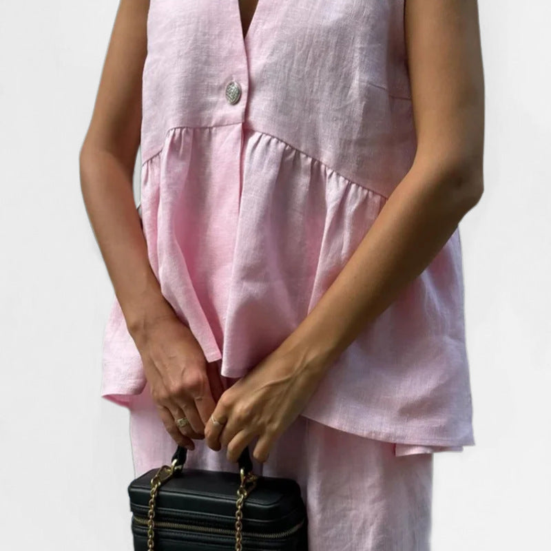 Ensemble Femme Gilet et Pantalon – Lin Léger – Taille Haute – Coupe Ample Évasée