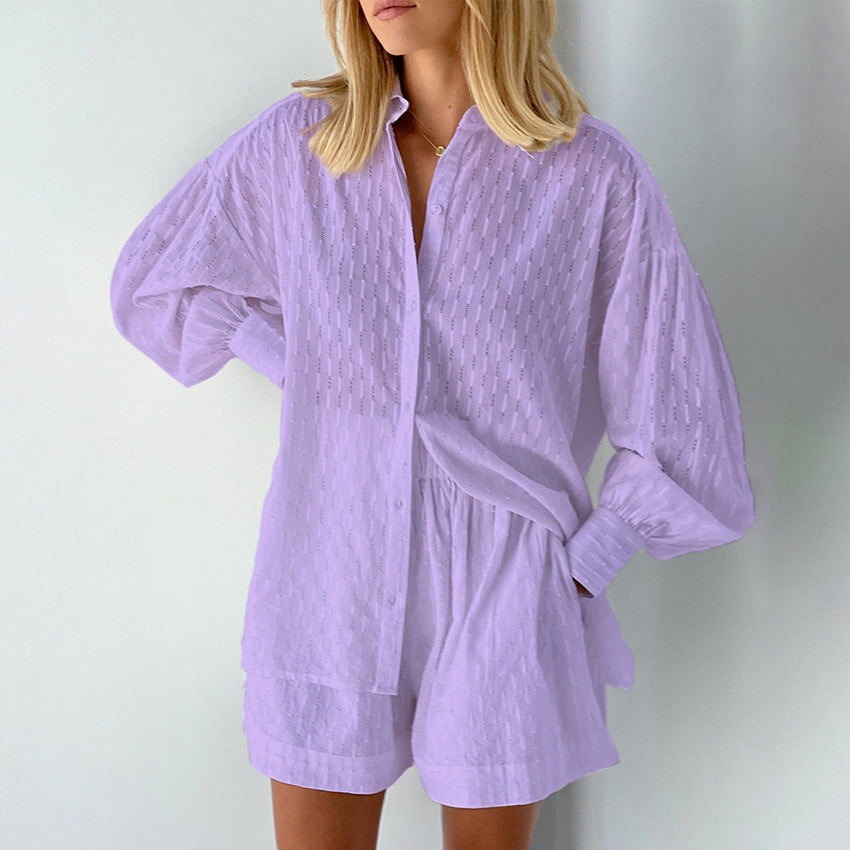 Ensemble Femme Blouse et Short – Jacquard Léger – Coupe Ample – Manches Bouffantes