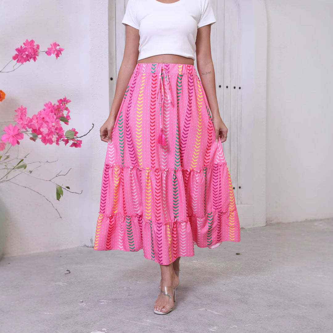Jupe longue femme – Coupe fluide – Taille réglable – Style bohème à volants