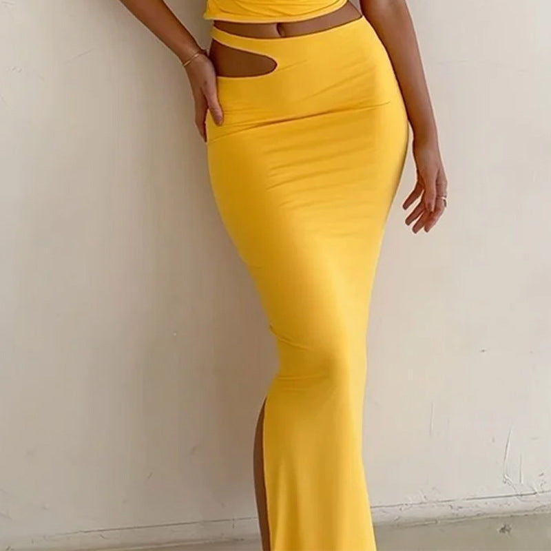 Ensemble Femme Deux Pièces – Coupe Slim – Top Asymétrique – Jupe Midi Découpe