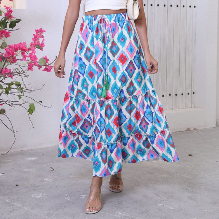 Jupe longue femme – Coupe fluide – Taille réglable – Style bohème à volants