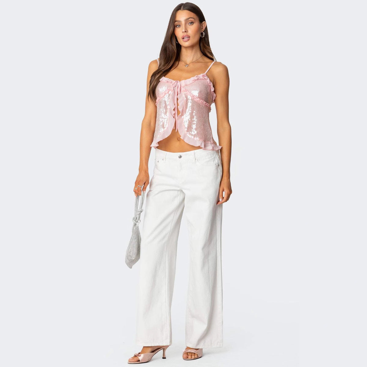 Top court femme – dos nu – coupe ajustée – sequins – volants – lien devant